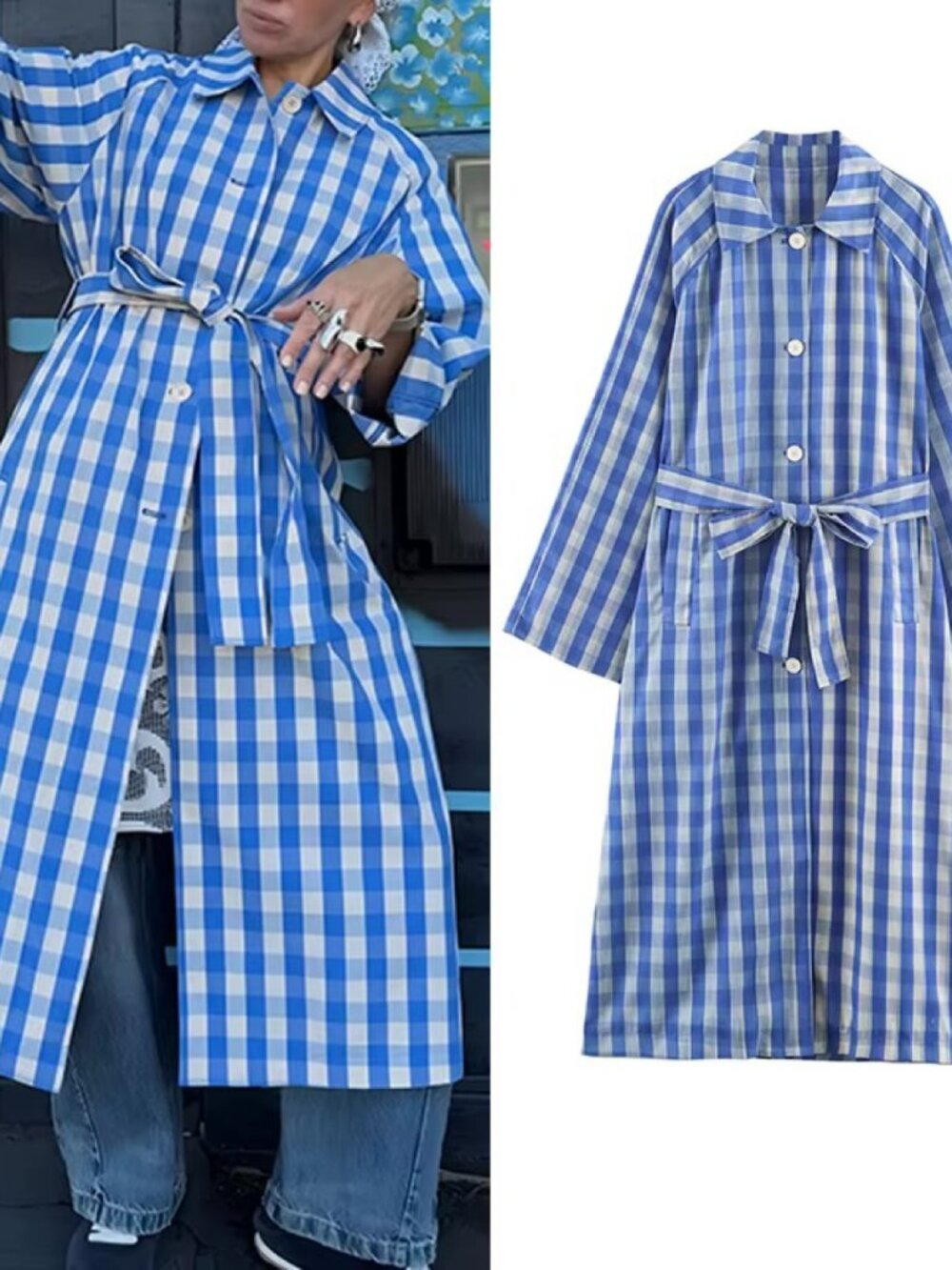 Zara Blue Gingham Belted Trench Coat M